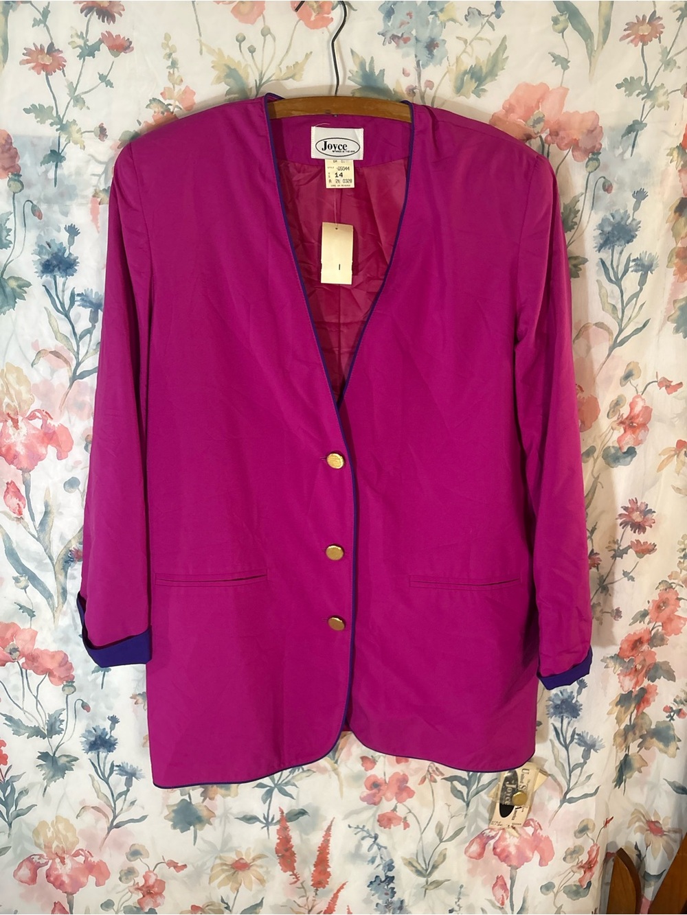 Vintage Joyce Women's Magenta Blazer Jacket with Gold Buttons